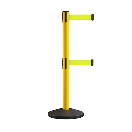 Montour Line Retractable Dbl Belt Rolling Stanchion, 2.5in YW Post 11' Fl.Yel Belt ES400D-YW-FYW-110